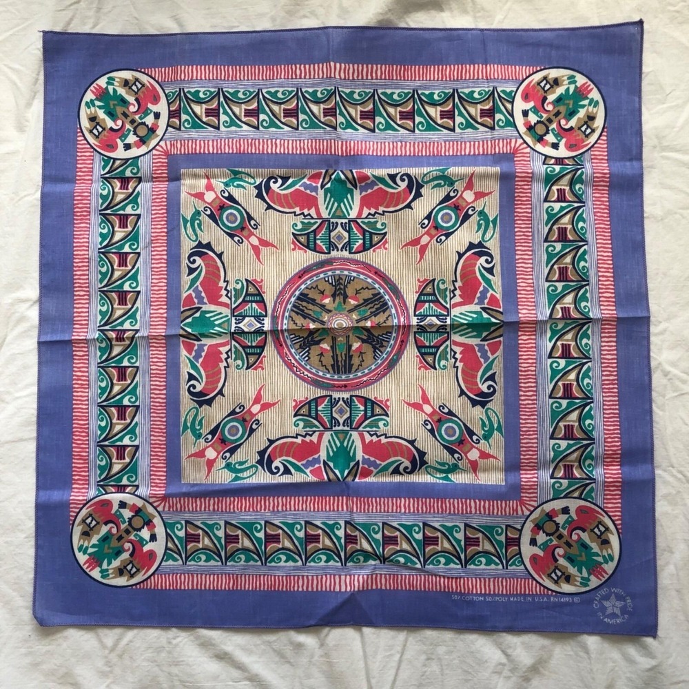 Vintage Southwestern Purple Bandana Bird Kachina Aztec Indian Made In‎ USA